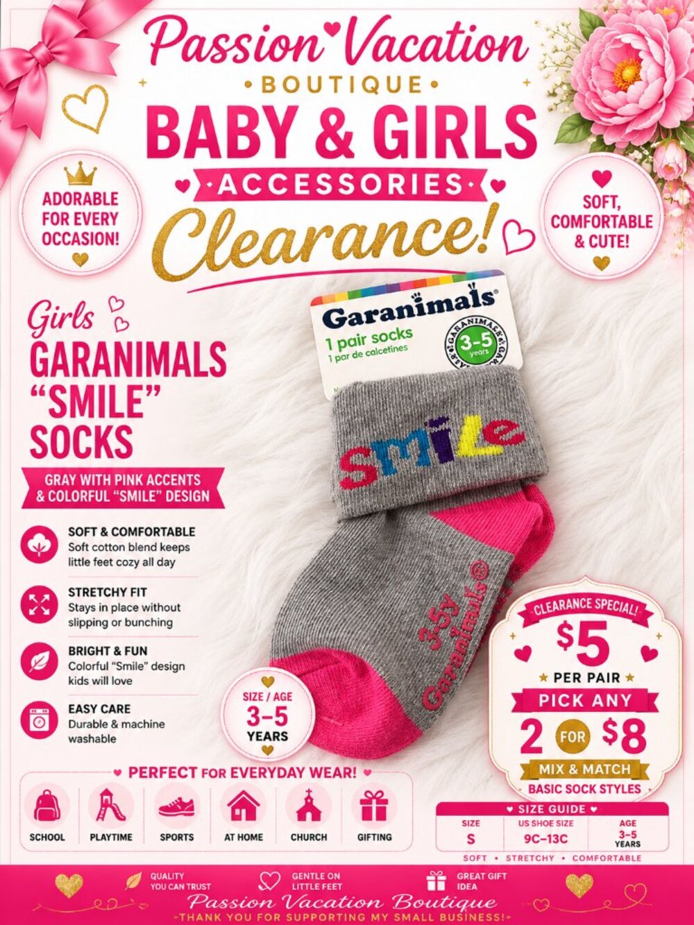 Garanimals Girls Smile Socks Gray & Pink | Size 3–5 Years | New